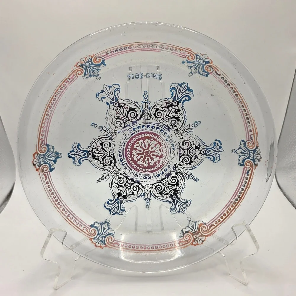 Vintage Fire-King Clear Glass Medallion Plate‎ Blue Red Scroll Pattern 9 inch